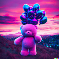 DALL·E 2022-08-23 16.53.31 - a synthwave style teddy bear holding balloons with sunset in background