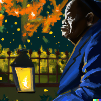 DALL·E 2022-08-23 17.00.39 - an old man sitting in a park at night holding a latern digital art